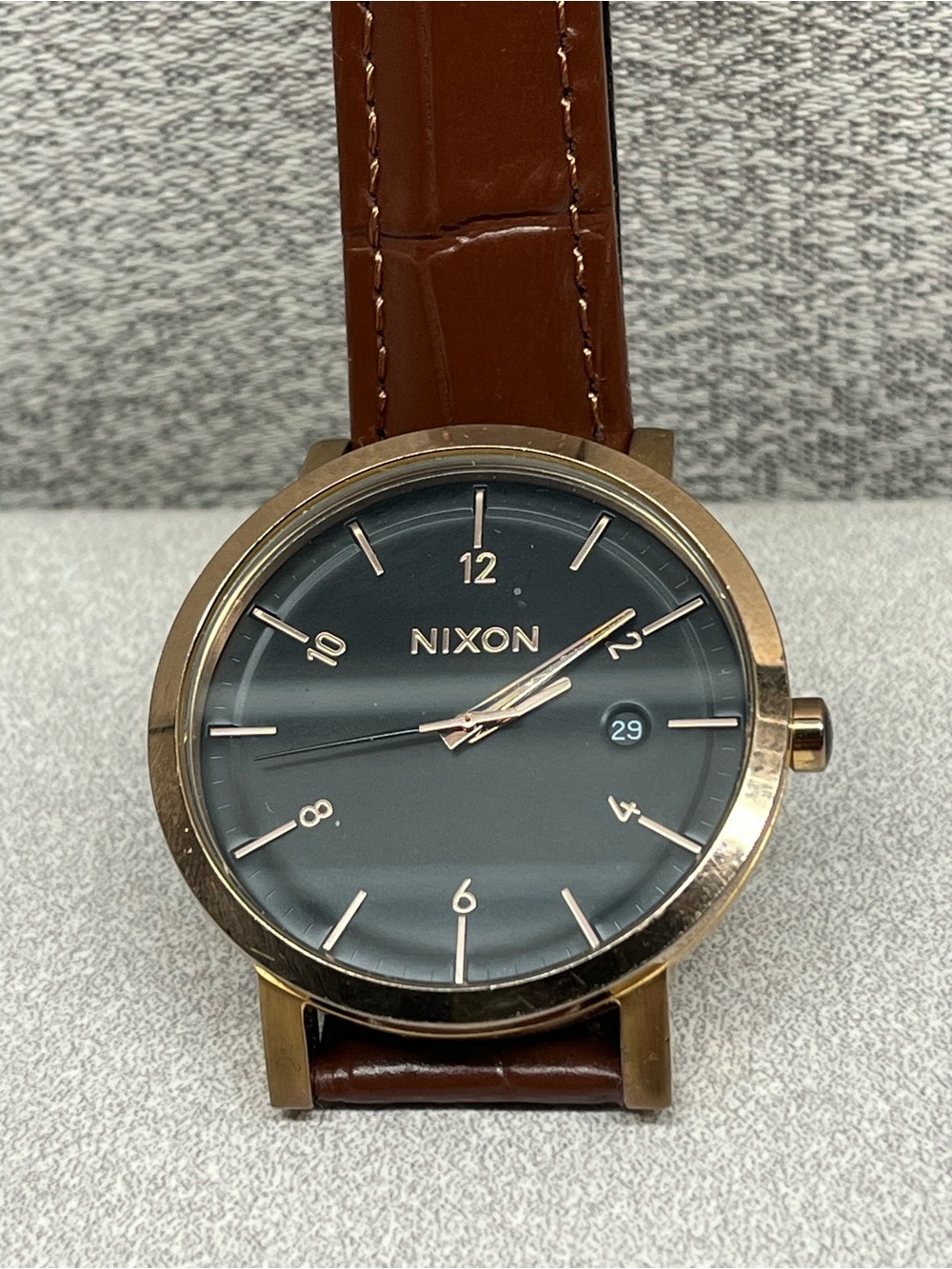 Nixon The ROLLO 38 time and date Rose Gold Case Black Dial Watch with new strap